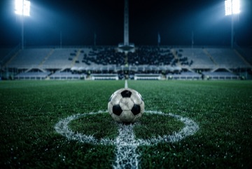 Un pallone da calcio sul cerchio di centrocampo di uno stadio vuoto, illuminato di notte dai riflettori