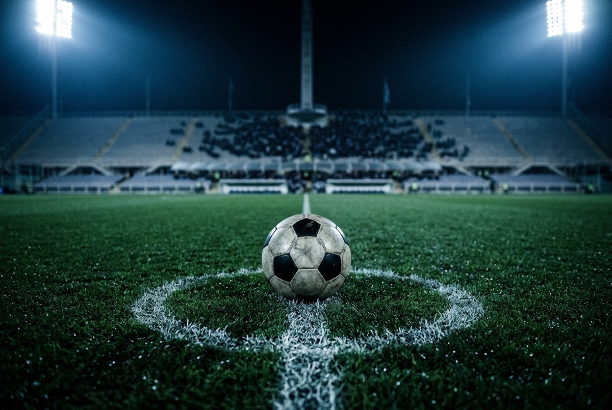 Un pallone da calcio sul cerchio di centrocampo di uno stadio vuoto, illuminato di notte dai riflettori