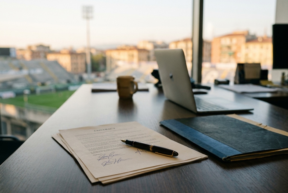 Scrivania di un ufficio con un contratto e una penna, sullo sfondo una finestra con la città