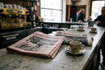 Due quotidiani sportivi aperti sul bancone di un bar, accanto a una tazzina di caffè