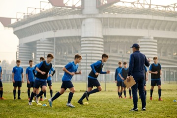 Giovani calciatori in maglia blu durante una corsa di riscaldamento sul campo di allenamento, con un tecnico di spalle e uno stadio sullo sfondo