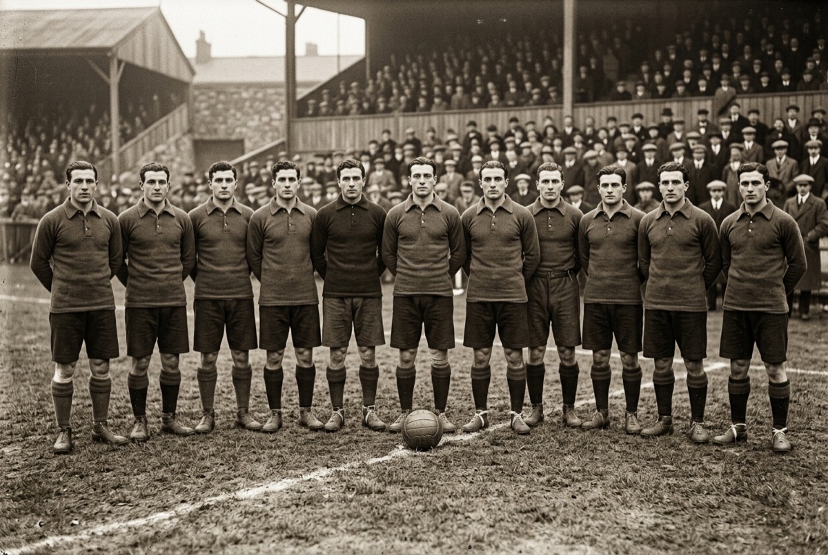Fotografia d'archivio in bianco e nero di una formazione di calcio in posa sul campo, con il pubblico sugli spalti
